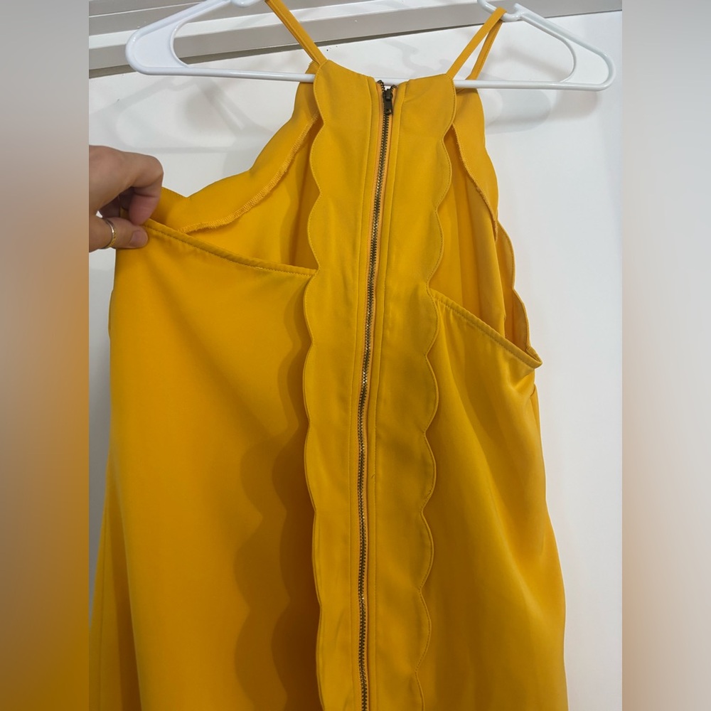 41 Hawthorn Mustard Yellow Scallop-Trim Backless Halter Dress